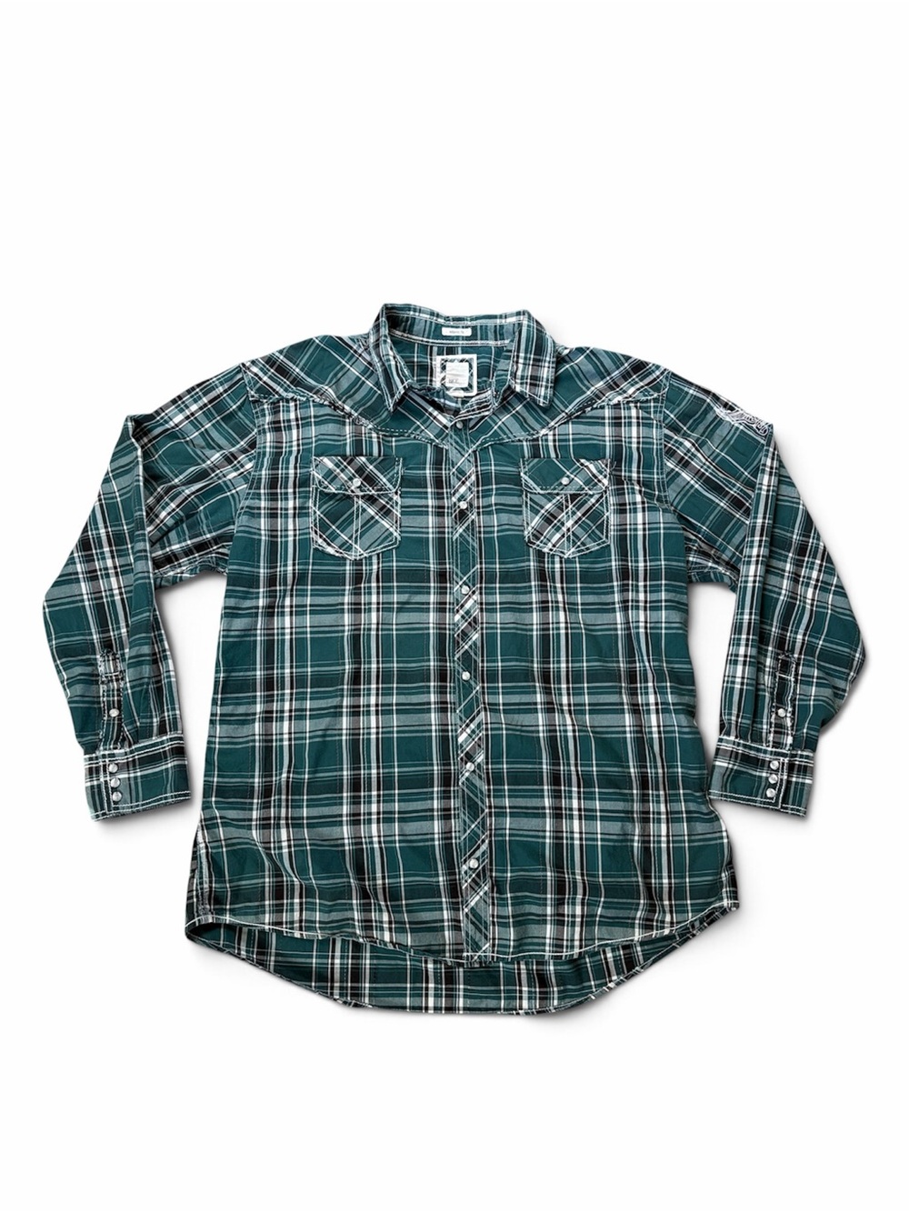BKE Men's 3XL Green Plaid Western Pearl Snap Shirt Athletic Fit Embroidered